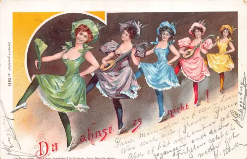 B251 Kabarett 1899 Tänzerinnen Mandoline Spielerinnen Litho Vintage Postkarte