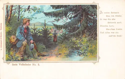 B251 Liebesroman Reisender denkt an Liebhaber Waldgedicht Vintage Postkarte