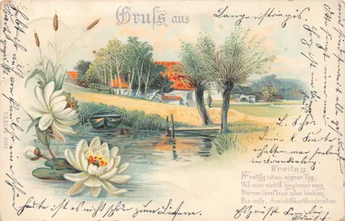 B251 Gruss aus 1903 Lotusblume See Boot Natur Freitag-Freitag Postkarte