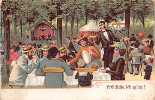 B251 Pfingstgrüße 1909 Garten Restaurant Familienessen Bier Postkarte