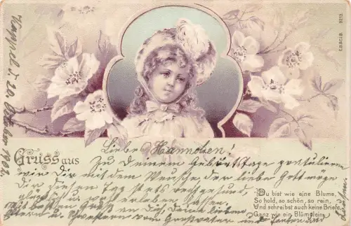 B251 Gruß Gruss aus 1902 Mädchenportrait im Passepartout Blumen Postkarte