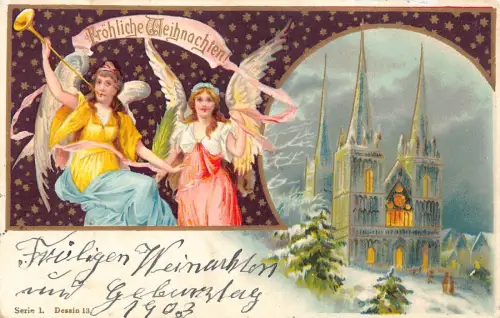 B251 Weihnachtsgrüße 1903 Engel Trompeter Kirche Tannen Postkarte