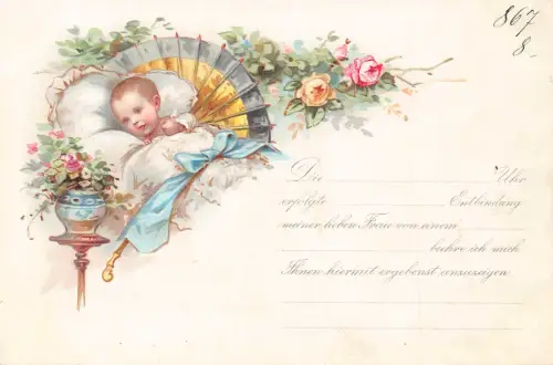 B251 Geburtsanzeige Details Rosen Blumen Baby in Krippe Vintage Postkarte