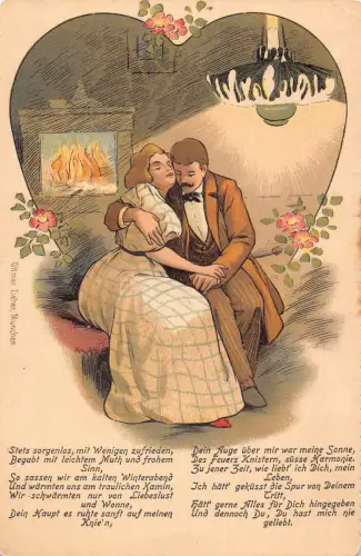 B253 Liebesroman Paar umarmt Herz Passepartout Kamin Gedicht Postkarte