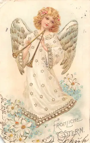 B257 Ostergrüße 1905 Engel Trompete Blumen Vergissmeinnicht Postkarte