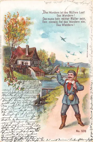 B256 Reisender unterwegs 1899 Wassermühle Landschaft Vintage Postkarte