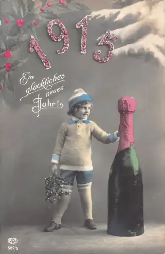 B256 Neujahrsgrüße 1915 Heiliger Baum Junge Mistelzweig Champagnerflasche Postkarte