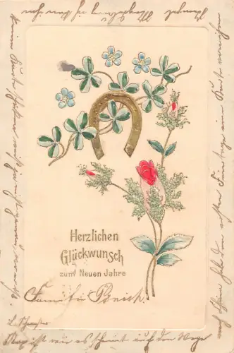 B256 Neujahrsgrüße 1904 Hufeisen Kleeblatt Vergissmeinnicht geprägte Postkarte