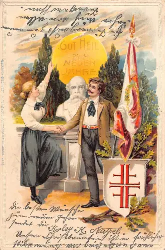 B256 Neujahr 1901 Gut Heil Mondschein Statue Turnvater Flagge geprägte Postkarte