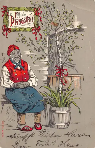 B256 Pfingstgrüße 1904 Baum im Fass alter Mann sitzt auf Bank Postkarte