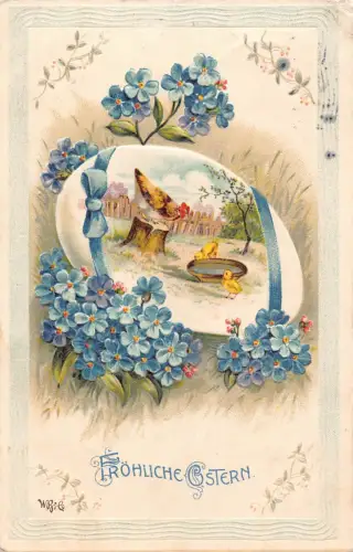 B256 Ostergrüße 1913 Eierküken Huhn Vergissmeinnicht geprägte Postkarte