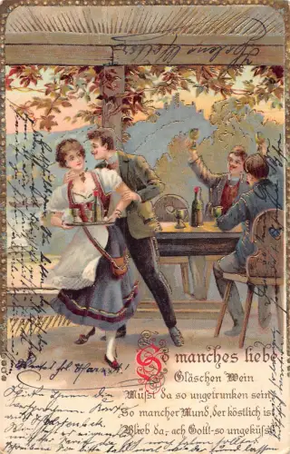 B256 Liebesroman 1904 Mann flirtet mit Kellnerin im Restaurant Postkarte