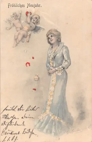 B256 Neujahrsgrüße 1906 Cherubs Hufeisen Geldbeutel Pilz Dame Postkarte