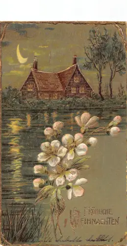 B258 Weihnachtsgrüße 1908 Halbmond Mond See Haus Blumen geprägte Postkarte