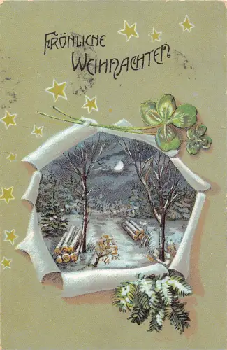 B258 Weihnachtsgrüße 1906 Sterne Kleeblatt Passepartout Mondschein Postkarte