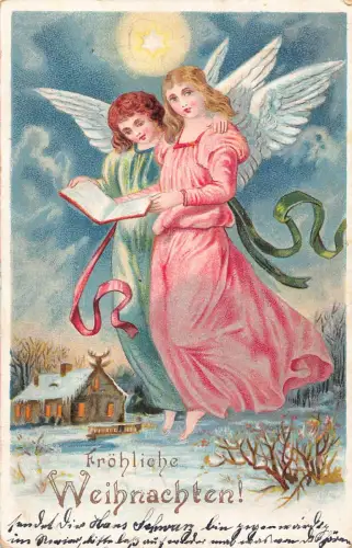 B258 Weihnachtsgrüße 1903 Engel lesen Gebete leuchtender Stern Schnee Postkarte