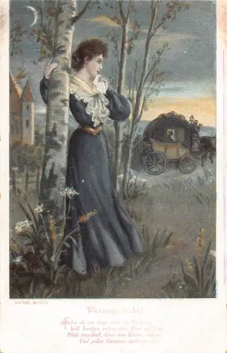 B257 Liebesromane Dame pirscht Mann in Kutsche bei Nacht Halbmond Postkarte