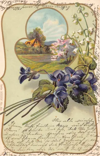 B257 Frühlingsgrüße 1904 Veilchen Maiglöckchen Blumen Natur Postkarte