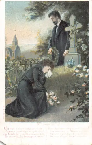 B257 Liebesromane Witwe am Grab des verstorbenen Ehemannes weinende Blumen Vintage Postkarte