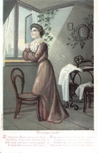 B257 Love Romance Verzage nicht! Postkarte Witwe findet Hoffnung betet am Fenster