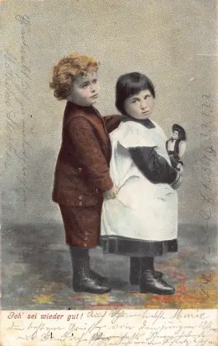 B257 Kinder 1903 Junge und Mädchen Puppe Geh sei wieder gut! Postkarte