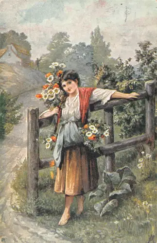 B258 Sommerpracht 1923 Sommerzeit Barfuß Mädchen hält Blumen Postkarte