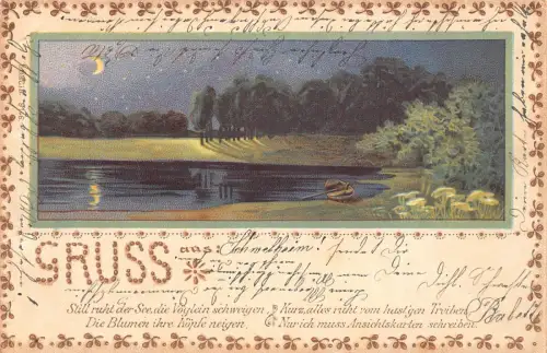 B259 Gruss aus 1903 Lake Crescent Moon Night Boat Passepartout Vintage Postkarte
