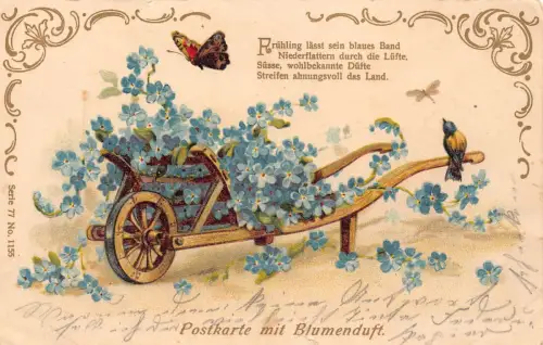 B259 Frühlingsgrüße 1903 Wagen Vergissmeinnicht Blumen Vogel Schmetterling Postkarte