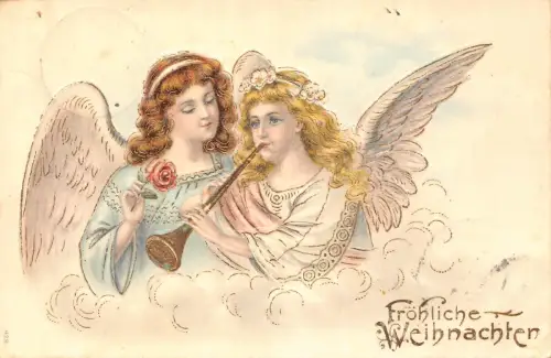 B259 Weihnachtsgrüße 1905 Engel in Wolken spielen Trompete Prägepostkarte