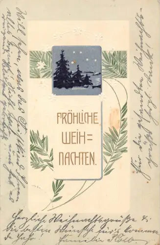 B258 Weihnachtsgrüße 1904 Tannen Sterne Nacht Prägepostkarte