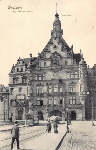 B266 Deutschland 1908 Dresden Residenz Schloss Schloss Straßenbahn Vintage Postkarte