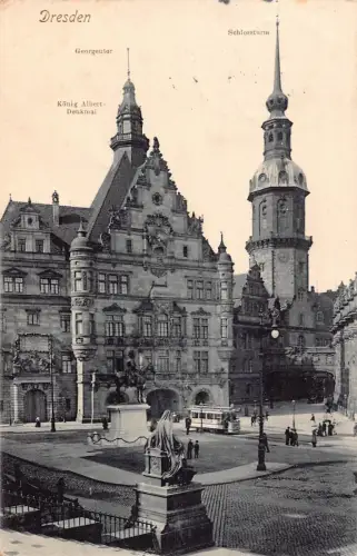 B266 Deutschland 1908 Dresden Schlossturm Georgentor Straßenbahn Vintage Postkarte