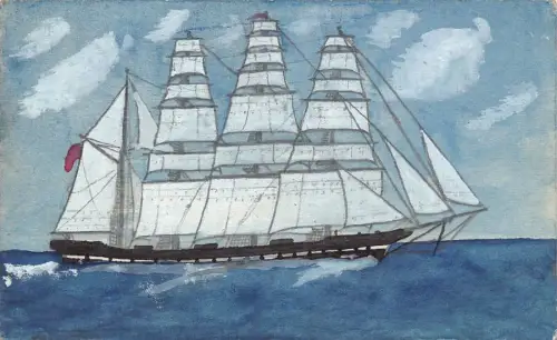 L369 Gemälde großes englisches Segelschiff Meer rote Flagge Vintage Postkarte