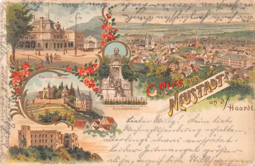 L368 Deutschland Gruss aus Neustadt Schlösser Denkmal Jugendstil Litho Postkarte