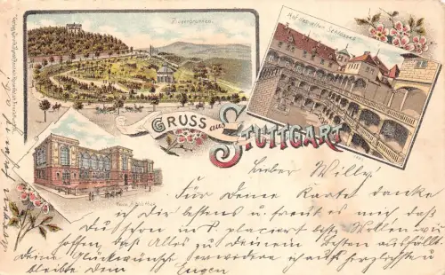 L368 Deutschland Gruss aus Stuttgart Brunnen Altes Schloss Blumen Litho Postkarte