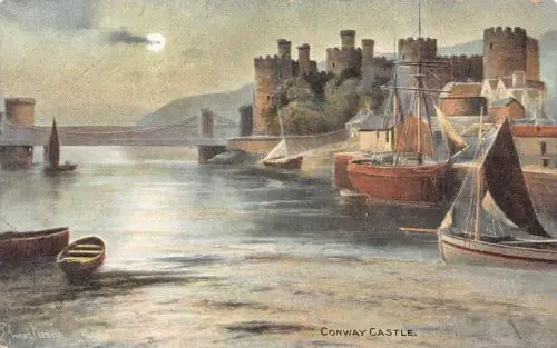 L368 Wales Conway Castle Boats Moonlight Vintage Postkarte