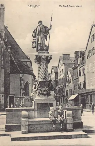 B266 Deutschland Stuttgart Nachtwaechterbrunnen Brunnenjungen Vintage Postkarte