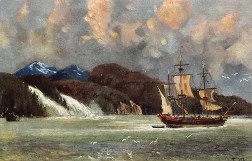 Segelschiff auf See vorbei an Wasserfällen Möwen Wolken Vintage Postkarte