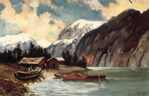 Boot am Ufer Kanu-Lodges von Wood Cliffs Lake Kunst von Bayerlein Vintage Postkarte