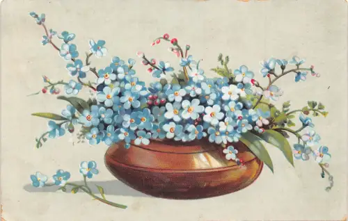 Vergissmeinnicht Blumen schön arrangiert in Vase Vintage Postkarte