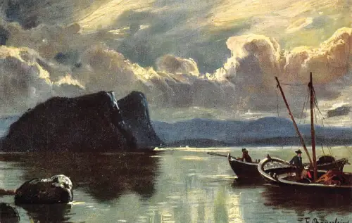 Fischer in Fischerbooten an Meeresklippen bewölkter Himmel Kunst von F Bayerlin Postkarte
