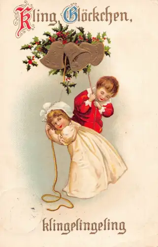 L365 Weihnachtsgrüße 1913 Kinder Glocken Heiliger Baum Vintage Postkarte