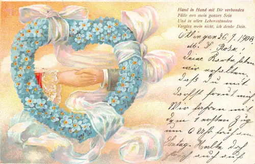 Liebe 1906 Hände quer Herz schütteln aus Vergissmeinnicht Blumen Band Postkarte