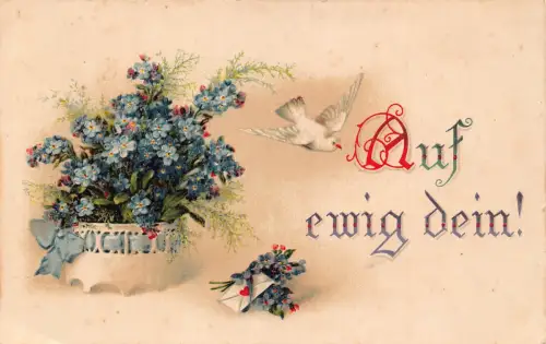 Forever yours Love Brief Vergissmeinnicht Blumen Taube Vogel Vintage Postkarte