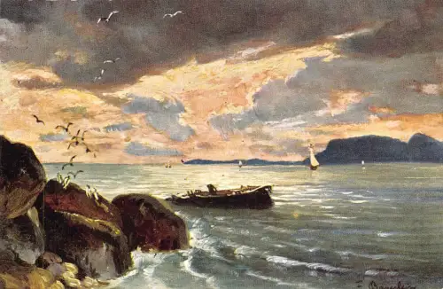 Fischerboot Meer Klippen Wolken Himmel Möwen Kunst von F Bayerlin Vintage Postkarte