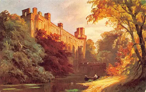 Boot am See in der Nähe von Warwick Castle Kunst von F Bayerlin Vintage Postkarte