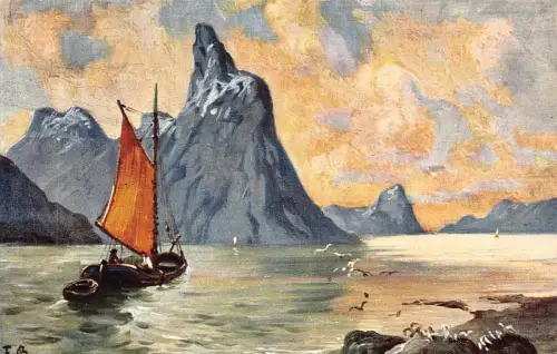 Segel Fischerboot Meer Klippen bewölkter Himmel Möwen Kunst von F Bayerlin Postkarte