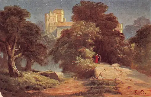 Paar, das nachts auf Klippen in der Nähe von Castle Art von F Bayerlin spazieren geht Vintage Postkarte