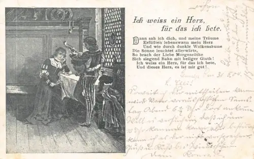 Ich kenne ein Herz, für das ich bete Gedicht 1900 Paar Gitarre spielt Vintage Postkarte