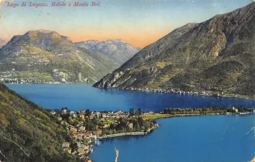 Italien Lago di Lugano Melide e Monte Bre See Berge Vintage Postkarte